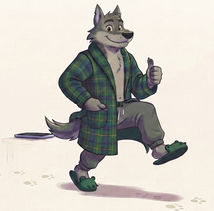 A cheerful wolf walking forward in a green plaid coat and frog slippers